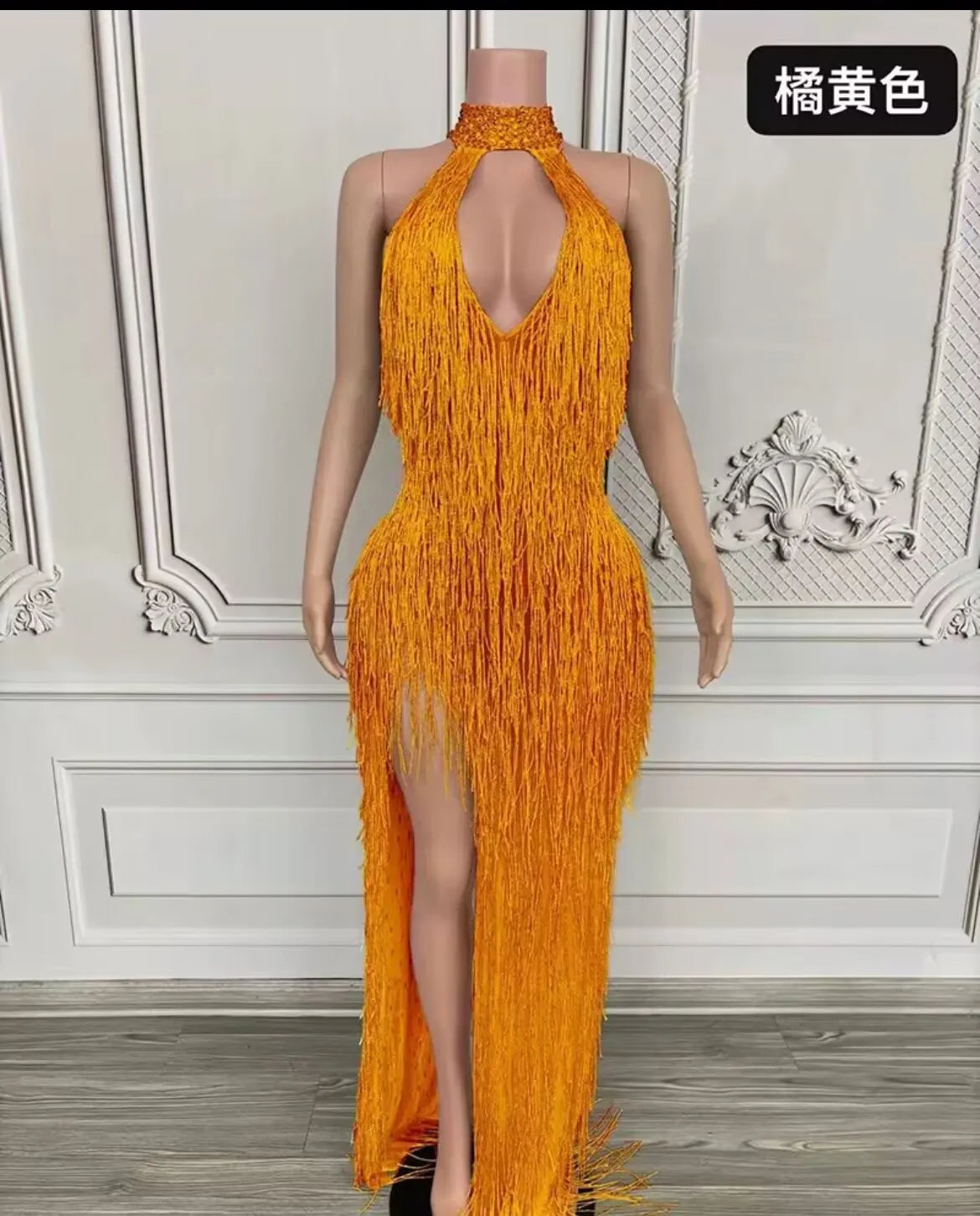 Rhinestone Tassel Fringe Sleeveless V-Neck Formal Evening Gown Maxi Dress