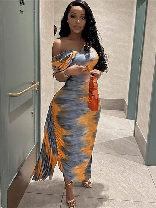 Tie-Dye Off-the-Shoulder Tassel Detail Colorblock Side Slit Skew Collar Bare Shoulder Maxi Dress