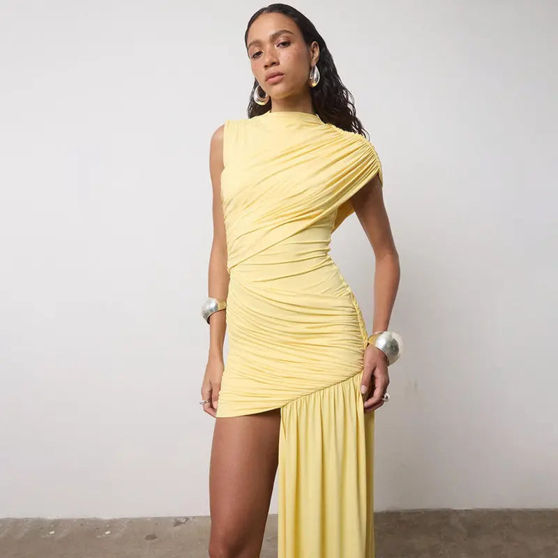 Ruched Asymmetrical Hanging Sash Train Sleeveless Formal Mini Party Dress