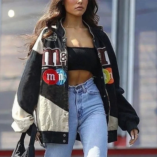 Streetwear Hip-Hop Patchwork Women's Multi Logo Biker Racing Zipper Bomber Jackets