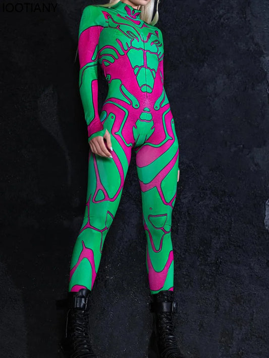 Abstract Art/Checkered Plaid/Geometric Skin Tight Long Sleeve Women's Jumpsuit