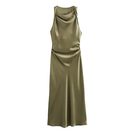 Satin Ruched Pleated Solid Color Sleeveless O-Neck Long Dress