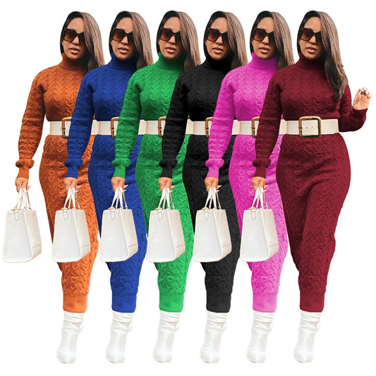 Turtleneck Solid Color Women's Knitted Weave Pattern Ribbed Long Sleeve Maxi Sweater Dress