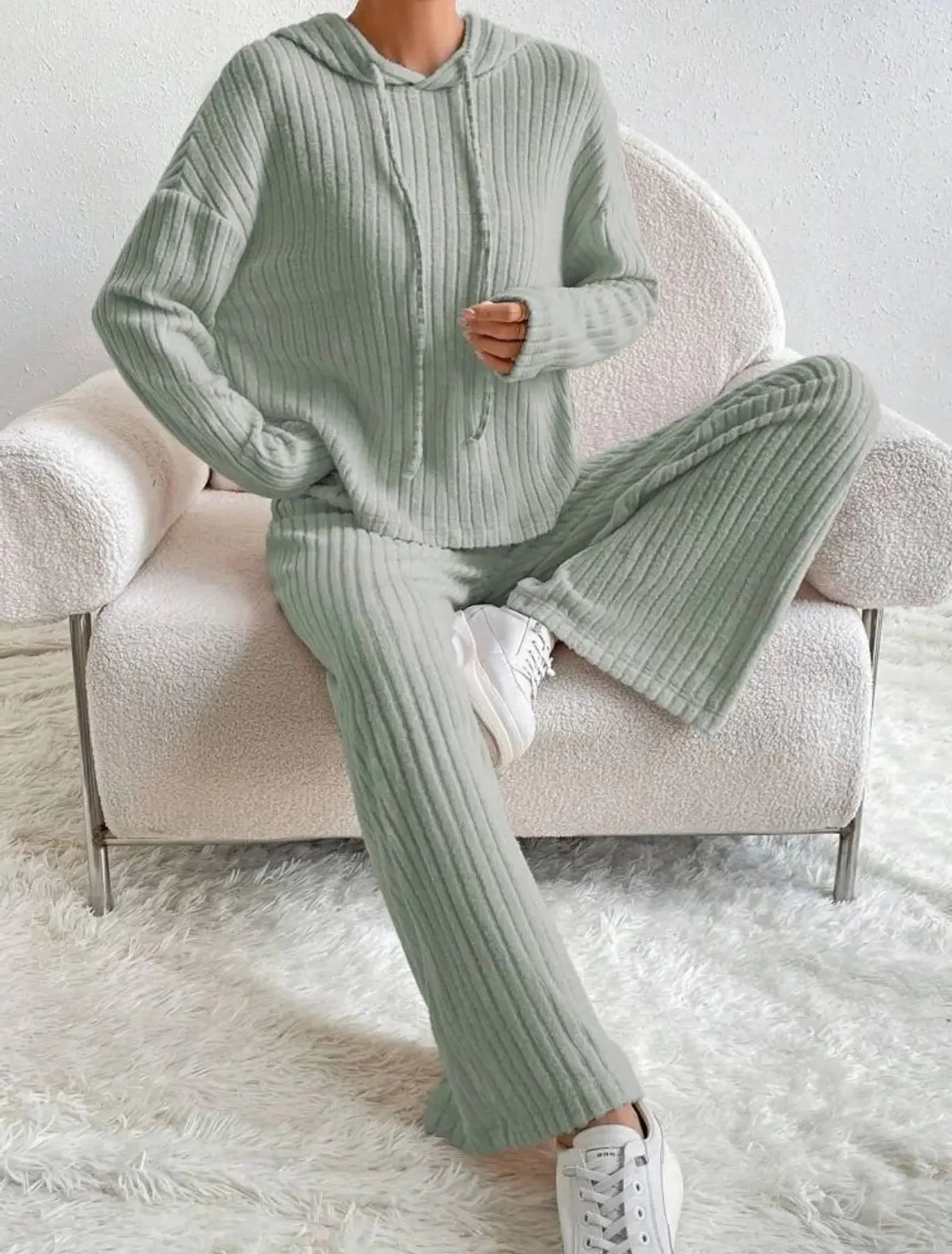 Ribbed Solid Color Women's Long Sleeve Hoodie Sweatshirt + Elastic Waist Pants Tracksuit