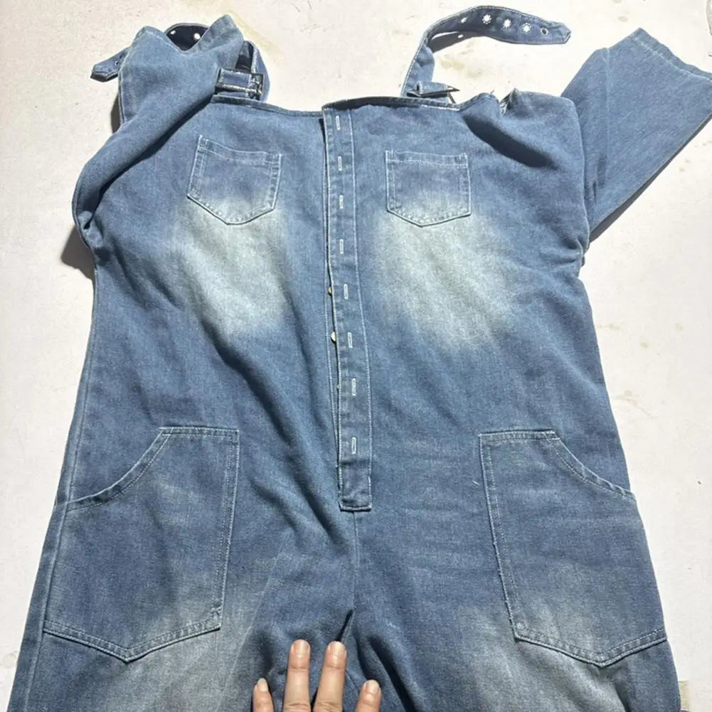 Denim Off-the-Shoulder Stretch Long Sleeve Women's Overall Wide Leg Jeans Jumpsuit to 3X Plus Size