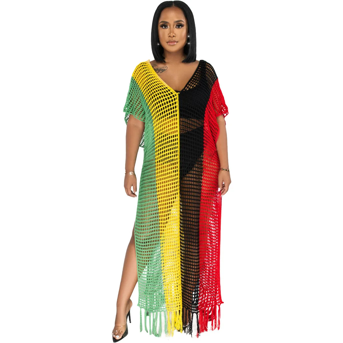 Crochet Knitted Colorblock Striped Hollow-Out Tassel Fringe Design Beach Maxi Dress/Swimsuit Cover-Up