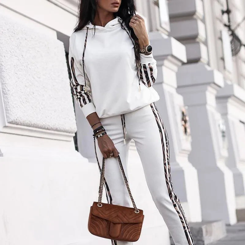 Zebra Print Ruched Sleeve Side Striped Women's Hoodie Sweatshirt + Sweatpants Tracksuit