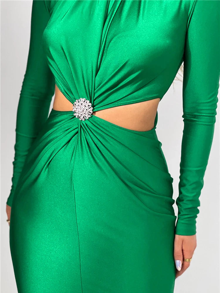 Silk Rhinestone Ruched Hollow-Out Turtleneck Long Sleeve Bodycon Party Formal Dress