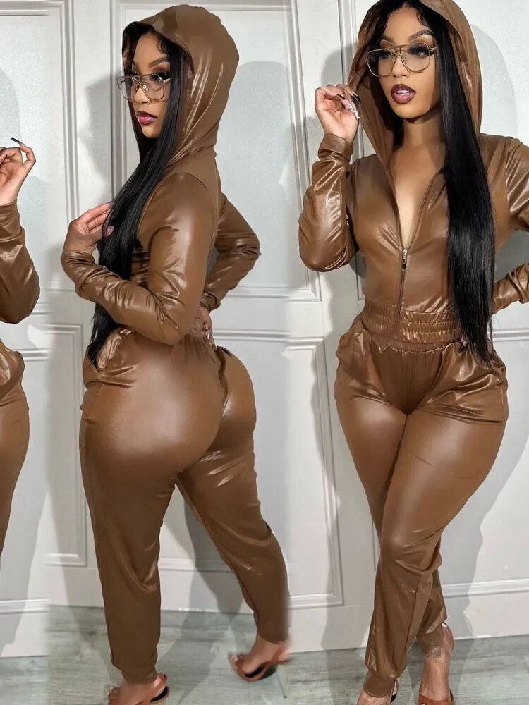 Faux Leather Women's Solid Zipper Hoodie Jacket + Elastic Waist Skinny Pants Tracksuit
