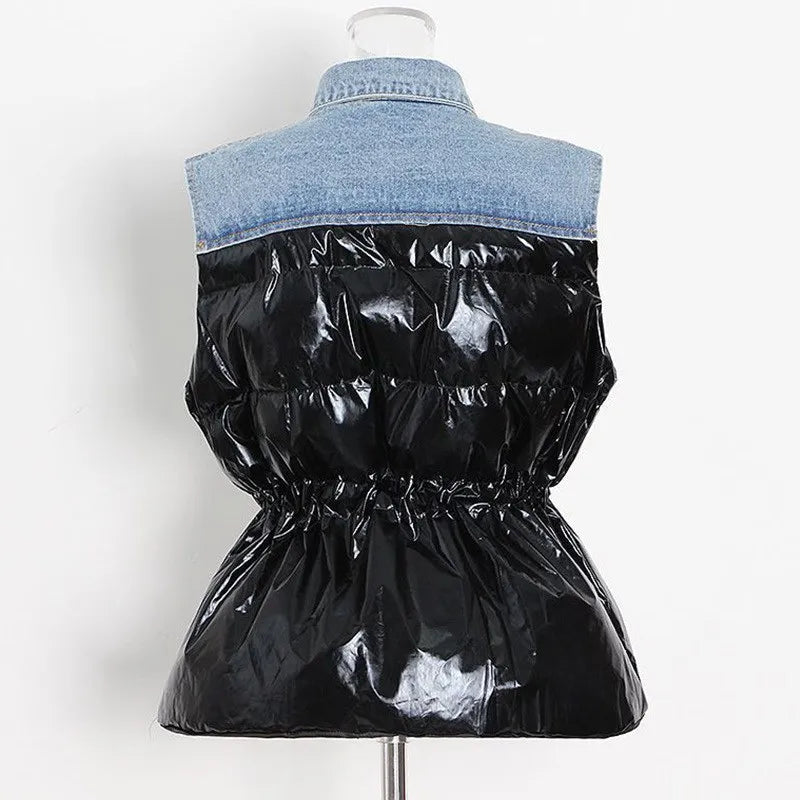 Denim Faux Leather Patchwork Turn-Down Collar Drawstring Women's Button-Up Sleeveless Spliced Denim Vest