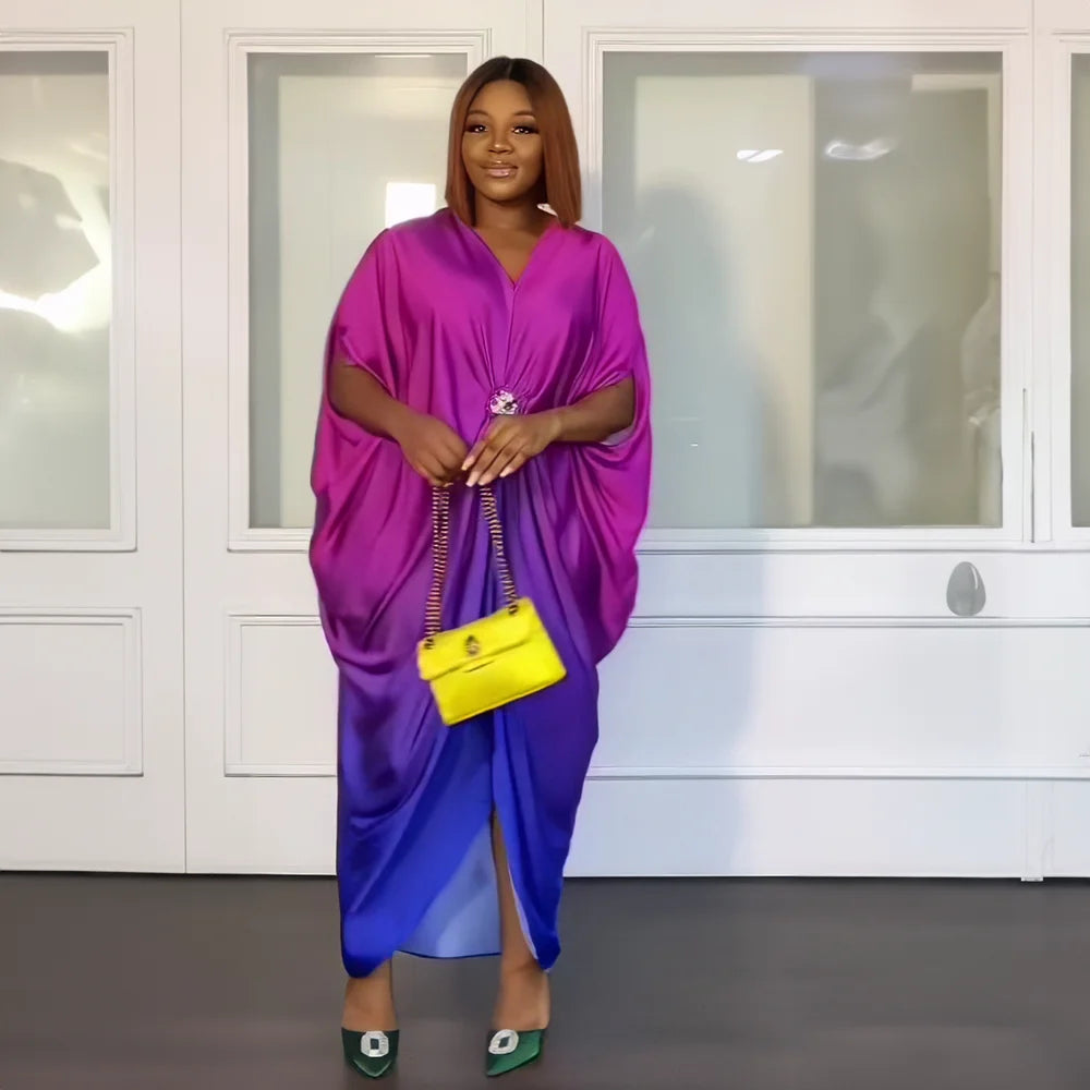 Gradient Colorblock Batwing Sleeve Gathered Ruched Rayon Formal Party Maxi Dress