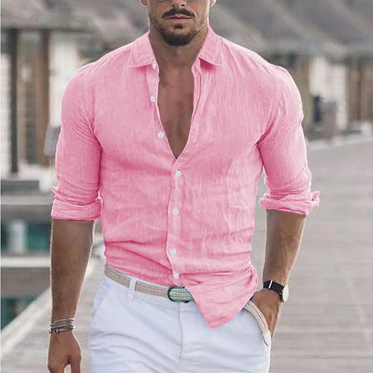 Men's Solid Color Single Breasted Button-Up Long Sleeve Turn-Down Collar Beach Shirt