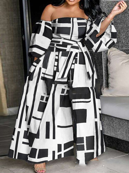Oversized Off-the-Shoulder Colorblock/Leopard/Tie-Dye Belted Balloon Sleeve Wide Leg Jumpsuit to 4X Plus Size