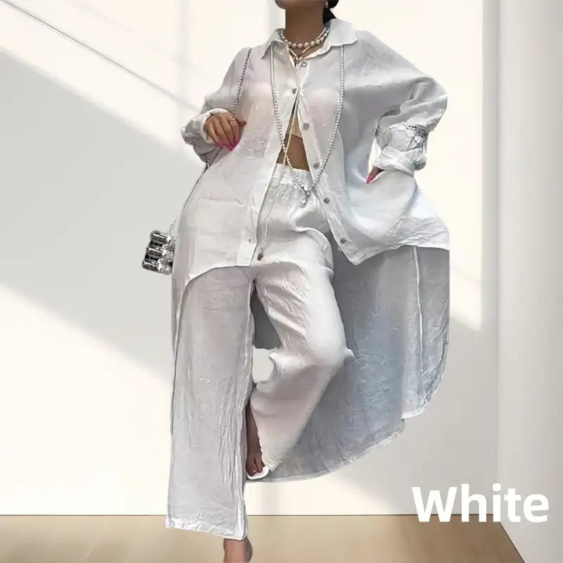 Oversized Solid Color Women's Irregular Hem Long Sleeve Maxi Blouse & Pants 2-Piece Set