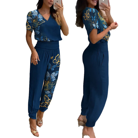 Butterfly/Solid/Geometric/Floral V-Neck Short Sleeve Women's Top & Elastic High Waist Pants 2-Piece Set to 3X Plus Size