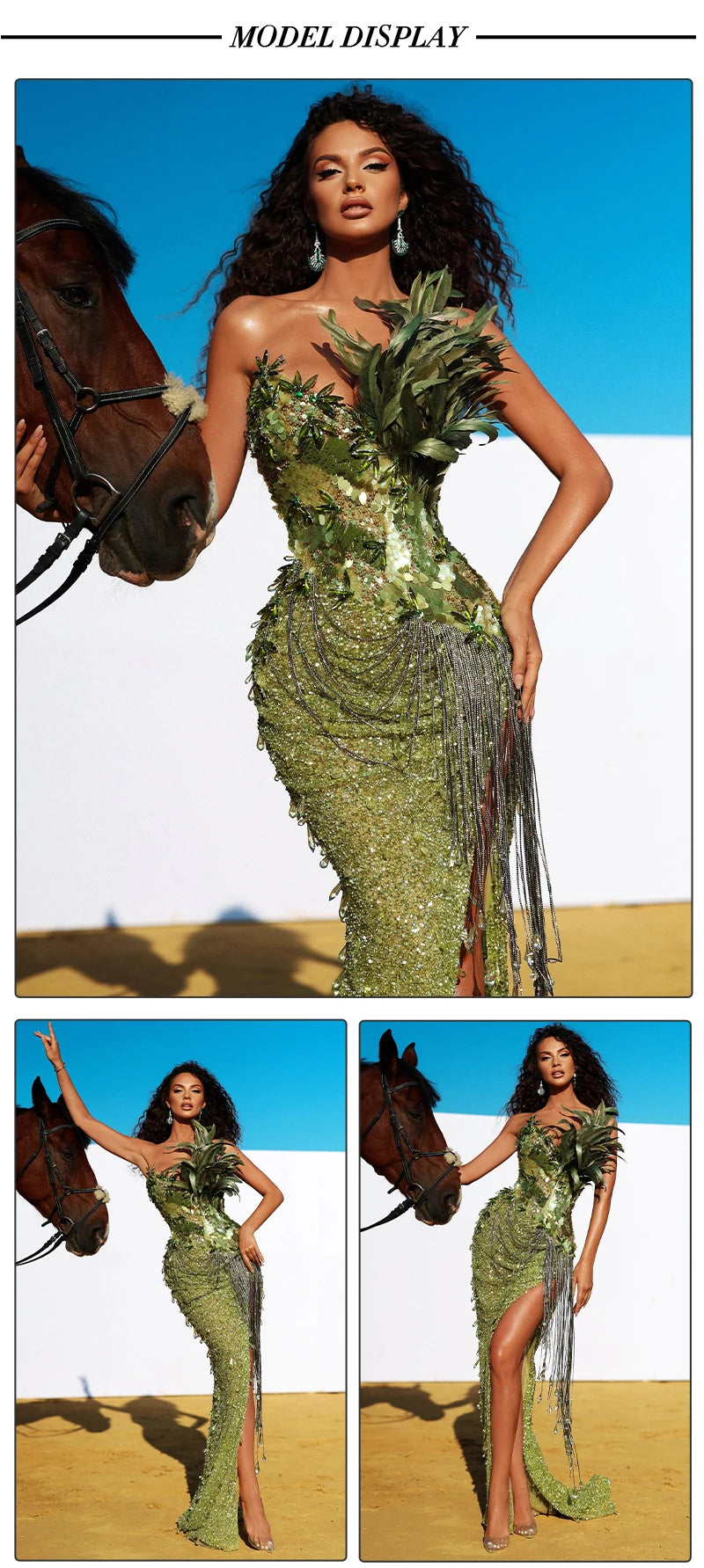 Green Sparkling Sequin Beaded Feather Tassel Fringe Design Strapless Skinny High Slit Party/Prom Evening Dress