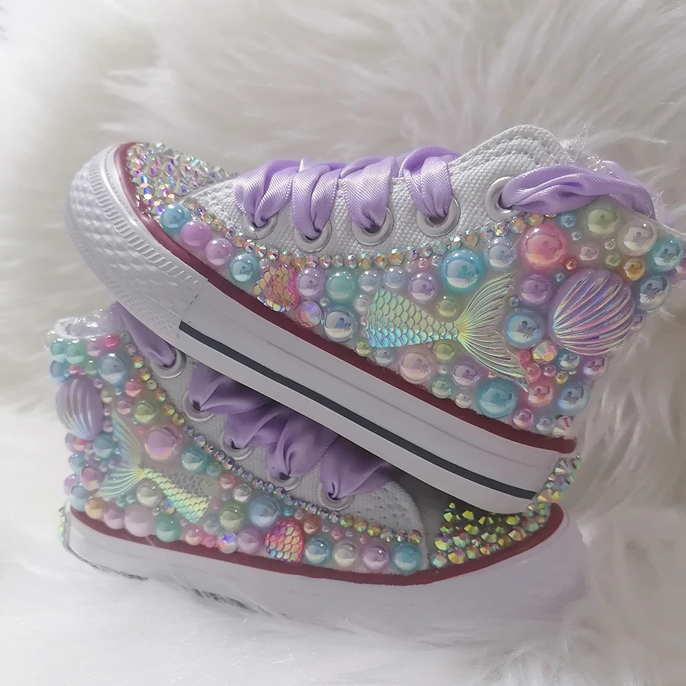 Embellished Handmade Pearl Pink Rhinestone Bling Candy Canvas Women & Girl's Sneakers