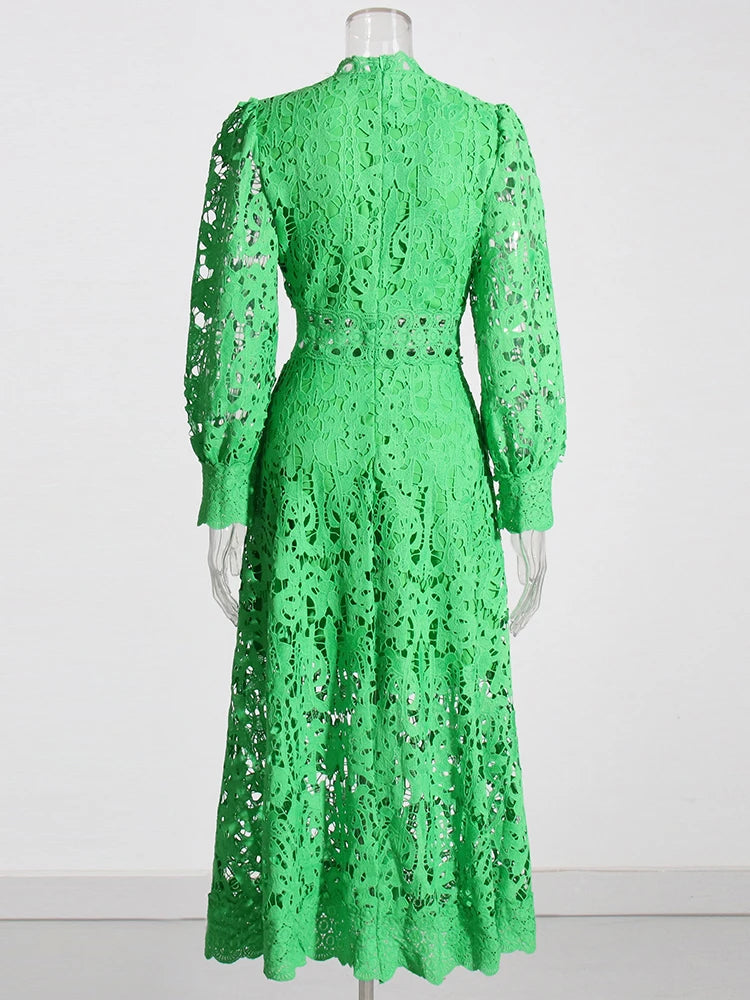 Lace Green Stand Collar Long Sleeve High Waist Cut-Out Formal Maxi Dress