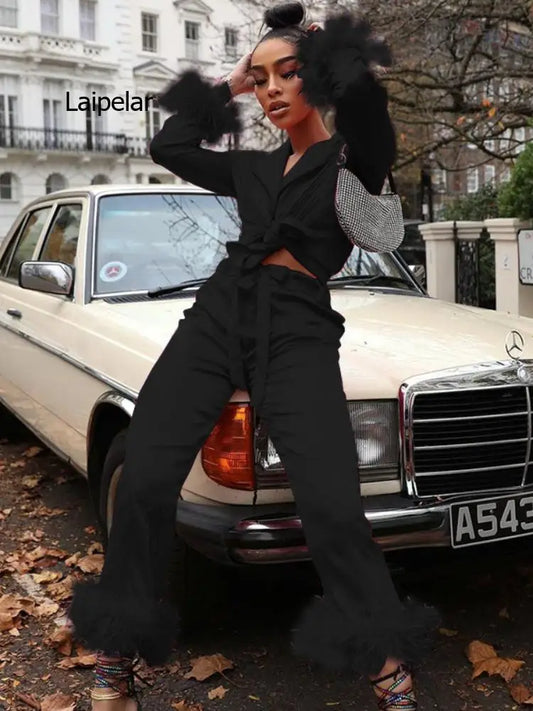 Satin Women's Long Sleeve Feather Detail Blouse w/ Pants 2-Piece Set