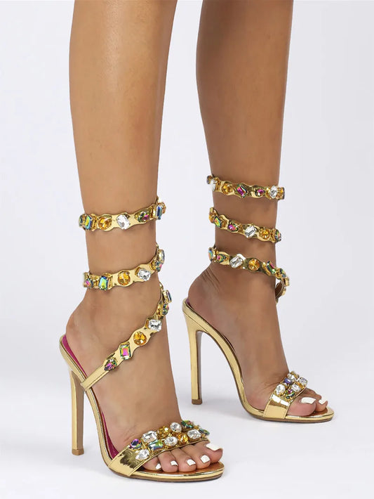 Rhinestone Crystal Embellished Spiral Band Stiletto Heel Gladiator Open Toe Sandal Pumps