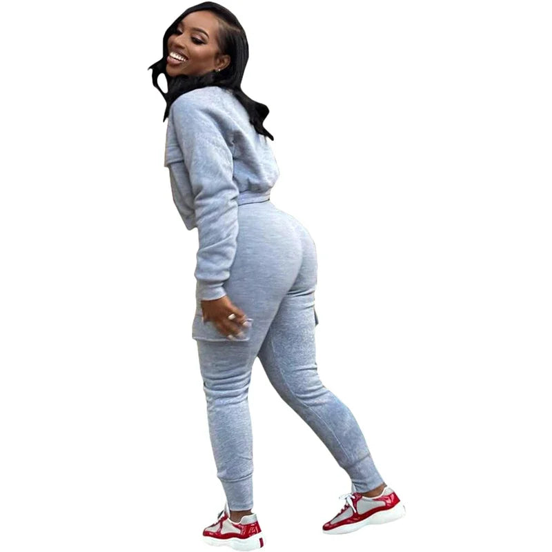 Streetwear Women's Solid Cropped Zipper Jacket + Drawstring Cargo Sweatpants Tracksuit