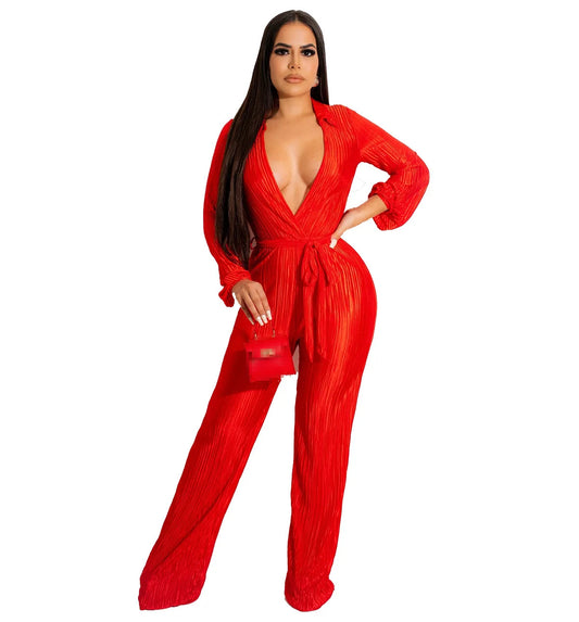 Deep V-Neck Long Sleeve Solid Color Sash Belt Jumpsuit