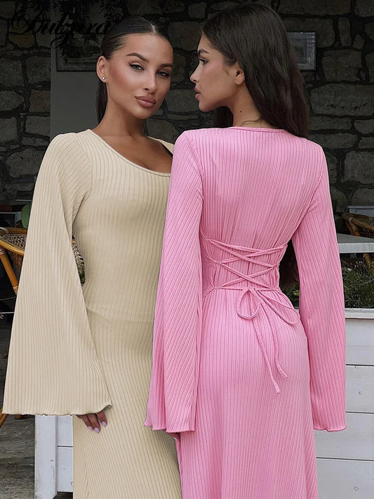 Ribbed O-Neck Lace-Up Back Long Flared Sleeve Trumpet Maxi Dress