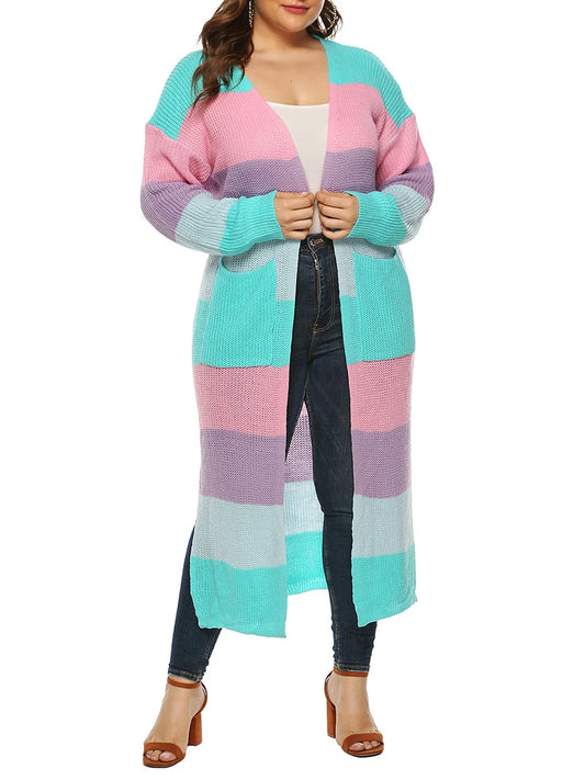 Striped Colorblock Women's Open FrontLong Sleeve Contrast Color Maxi Cardigan Sweater to 3X Plus Size