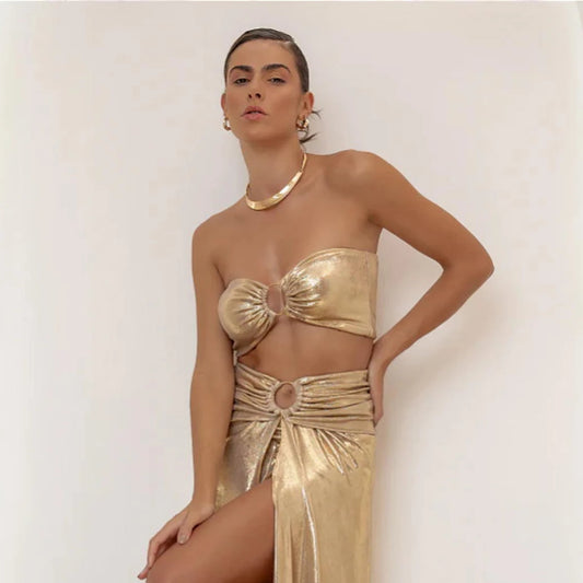 Shiny Women's Gold Bikini w/Swimwear Beachwear High Slit Maxi Sarong Skirt/Cover-Up