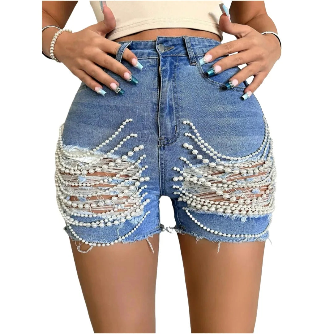 Handmade Tassel Fringe Pearl Chain Decor Denim Dark Blue/Light Blue Women's Jean Shorts