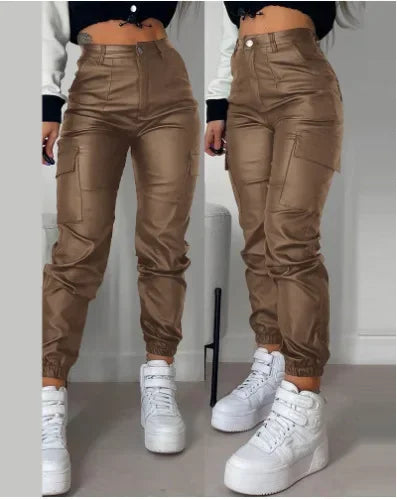 Faux Leather Multi-Pocket Cuffed Solid Color High Waist Women's Button-Fly Skinny Trouser Cargo Pants