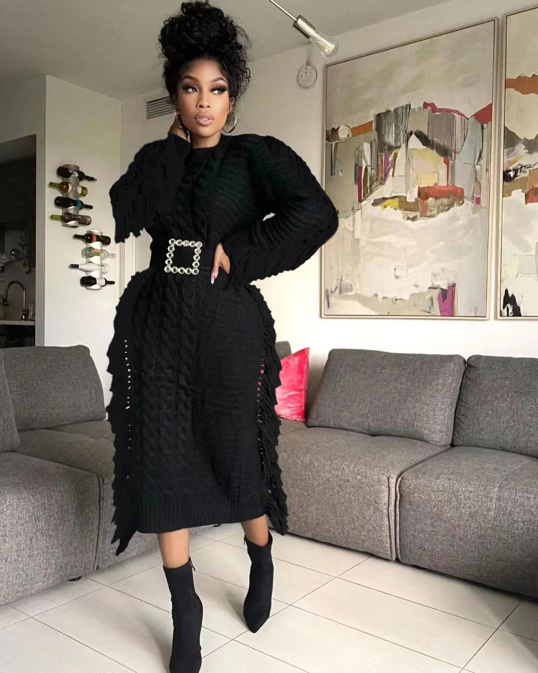 Crochet Tassel Fringe Detail Solid Color Knitted Loose Long Sleeve Sweater Dress