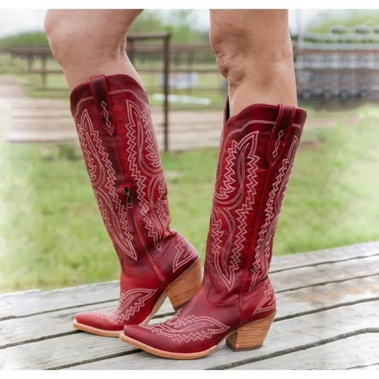 Western Flower Embroidered Pointed Toe PU Leather Midi Cowgirl Boots