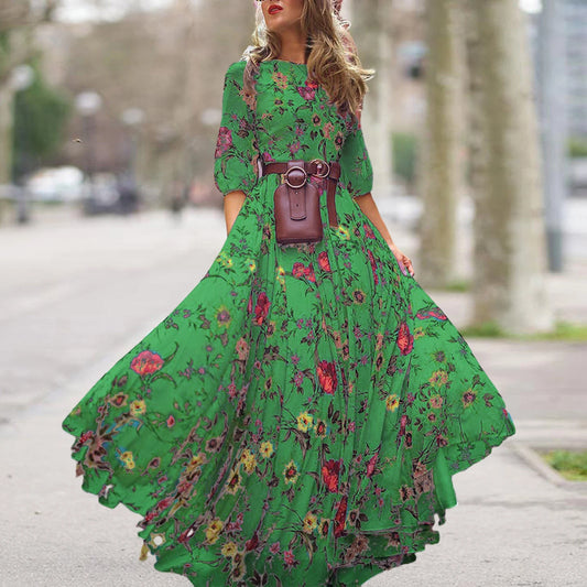 Flower Print A-Line Big Swing High Waist Pleated Round Neck Half Sleeve Maxi Dress to 3X Plus Size