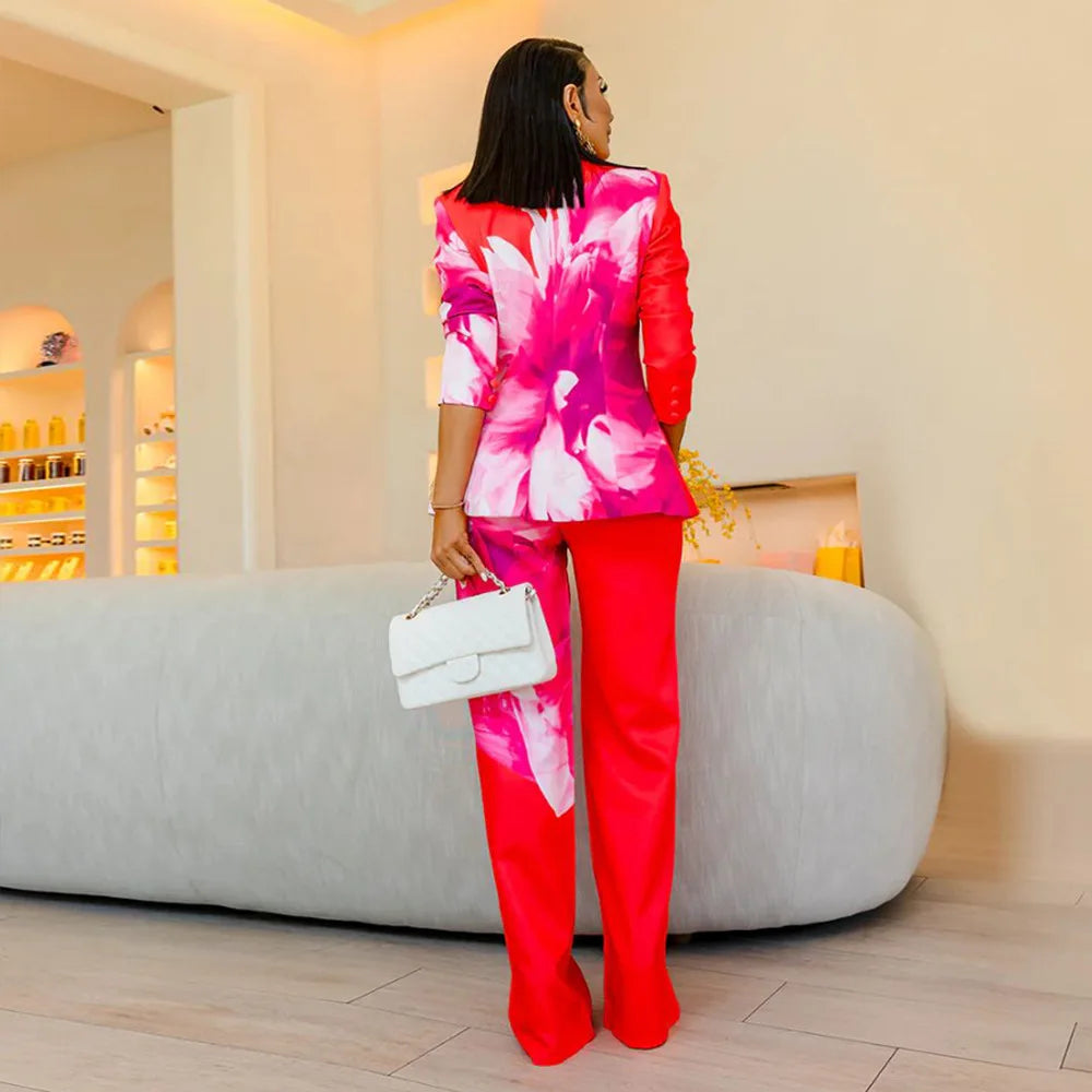 Colorblock Big Flower Print Long Sleeve Blazer Jacket + Fuschia Pants Women's Suit