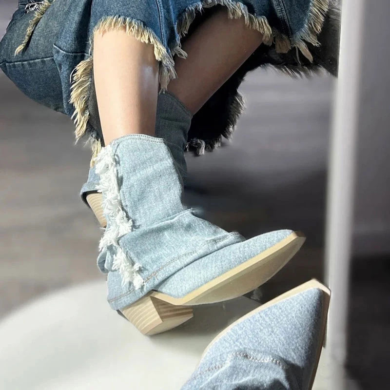Ripped Denim Blue Tassel Fringe Detail Women's Pleated Ruched Pointed Toe Slip-On Western Ankle Boots