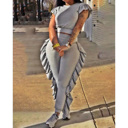 Butterfly Sleeve Crop Top & Ruffled Fringe Tassel Detail Women's Skinny Pants 2-Piece Set