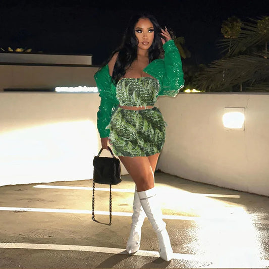 Camoflauge Fuzzy Tassel Fringe Stretch Strapless Tube Top + Peach Hip Mini Skirt 2-Piece Set