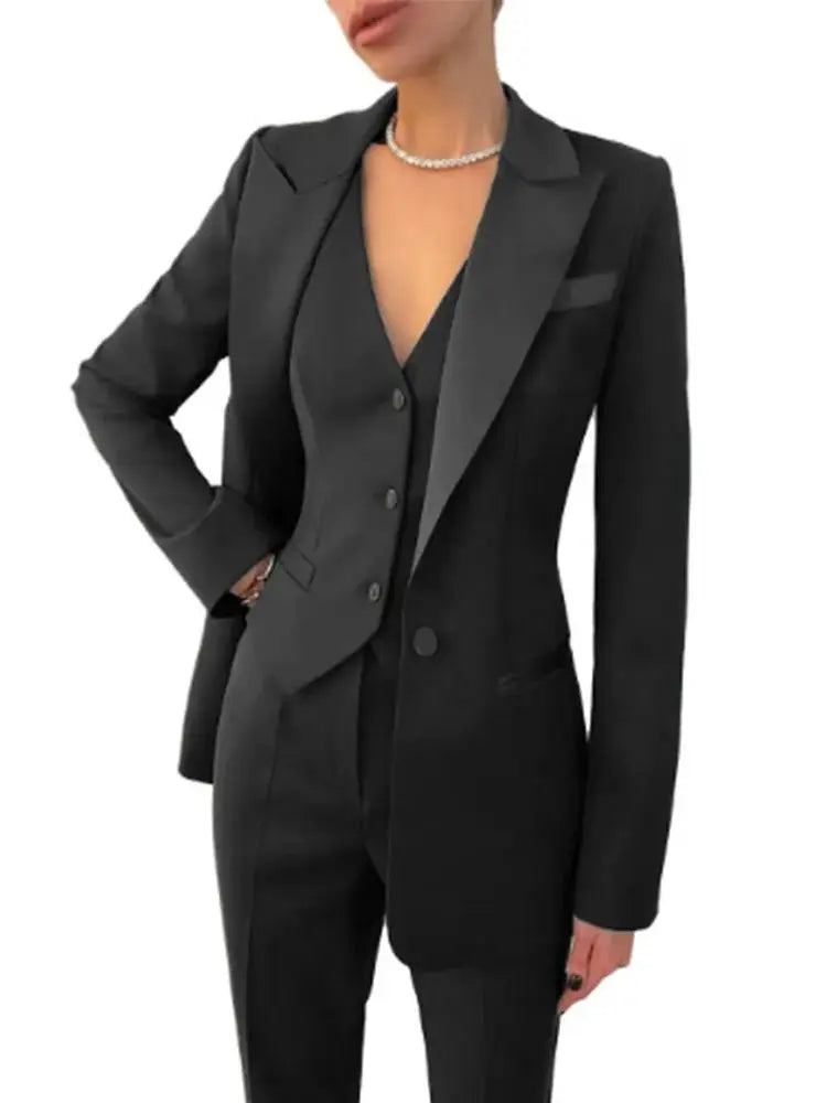 Solid Color Women's Tuxedo Blazer Jacket + Button-Up Vest + Pants 3-Piece Formal Wedding/Party Suit