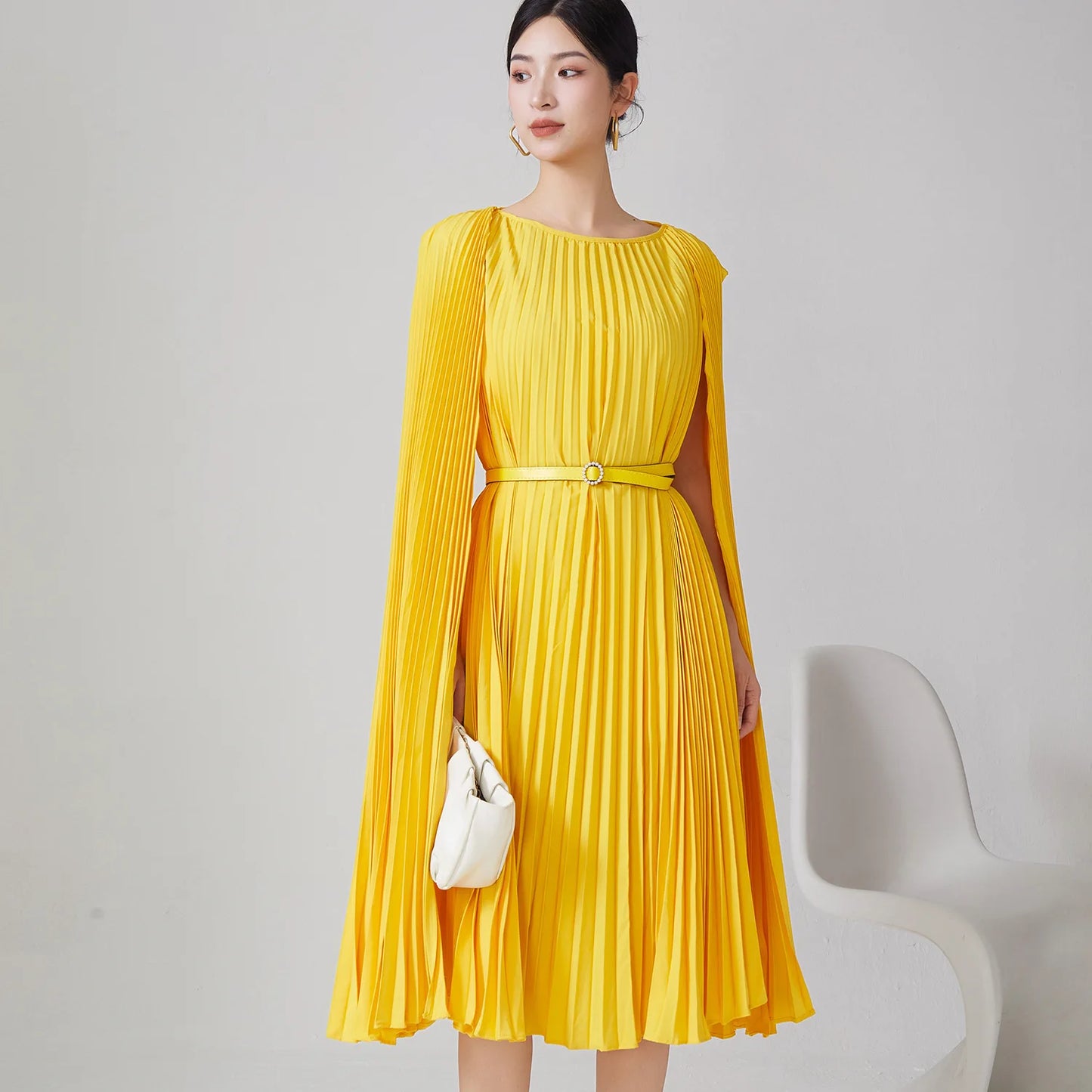 Pleated Batwing Sleeve Solid Color Irregular Cape Loose Lace-Up Hanging Sweep Train Formal Party Dress