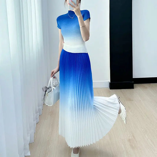 Gradient Colorblock Short Sleeve Women's Top + Pleated Maxi Skirt 2-Piece Set