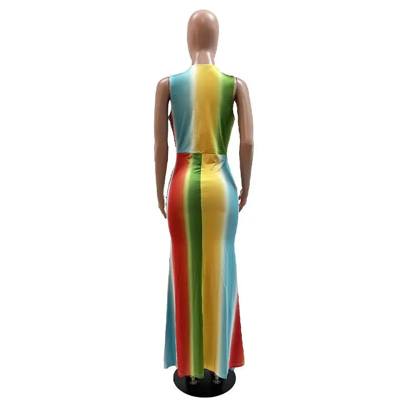 Sleeveless Gradient Pastel Rainbow Striped Deep V-Neck Colorblock Maxi Dress to 4X Plus Size