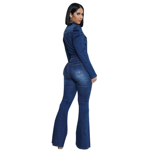 Balloon Sleeve Bleached Washed Denim Mid-Waist Single Breasted Sash Belted Spliced Vintage Jumpsuit to 3X Plus Size