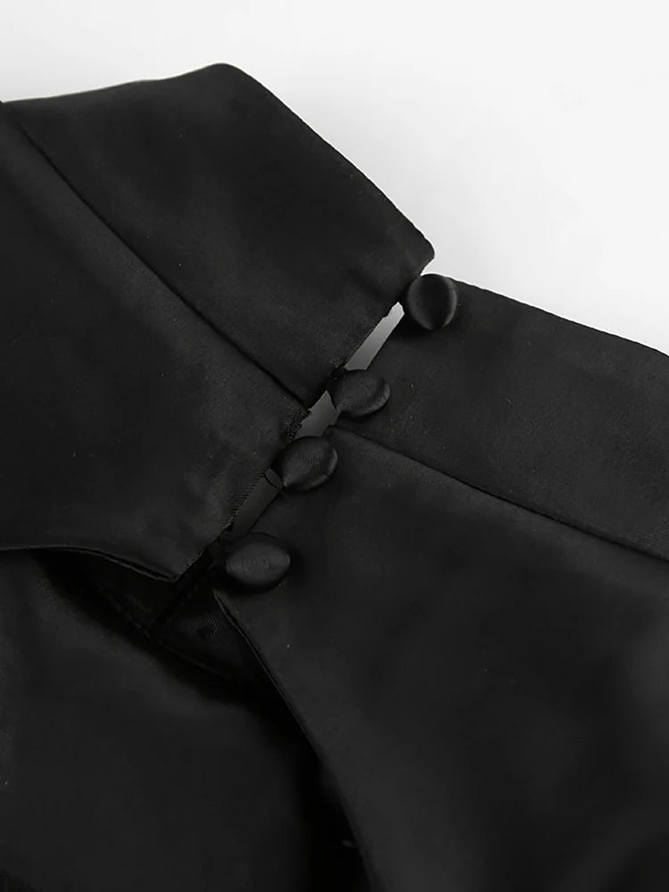 Black Satin Flare Sleeve Backless High Slit Stand Collar Mini Dress