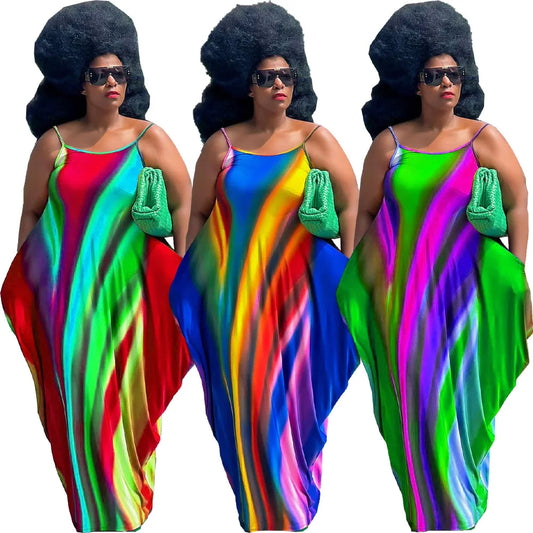 Rainbow Striped Colorblock Ruched Ruffled Sleeveless Print Harem Maxi Dress to 5X Plus Size