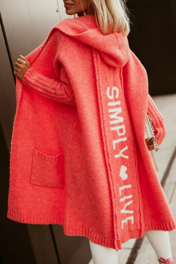 "Simply Live" Letter Heart Print Knitted Maxi Cardigan Hoodie Sweater