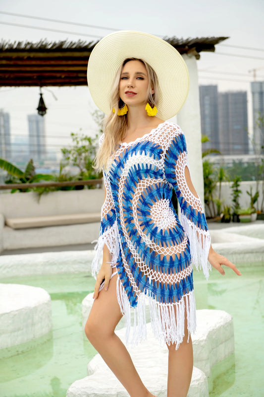 Bullseye White/Blue Pattern Crochet Hollow-Out Tassel Fringe Design Knitted Women's Swimsuit Cover-Up/Dress