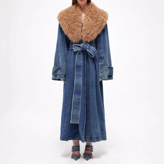 Women Denim Trench Coat Long Jacket Windbreaker Detachable Fur Collar Lace Up Outerwear Washed High Street Autumn Winter 2025
