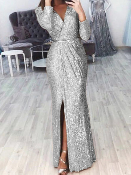 Ruched Glitter Sparkling Print High Slit Solid Color Long Sleeve Evening Deep V-Neck Formal Maxi Party/Prom Dress to 3X Plus Size
