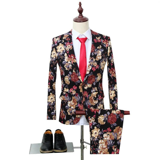 Men's Floral Print Skinny Formal Tuxedo Blazer Jacket + Pants Formal Suit